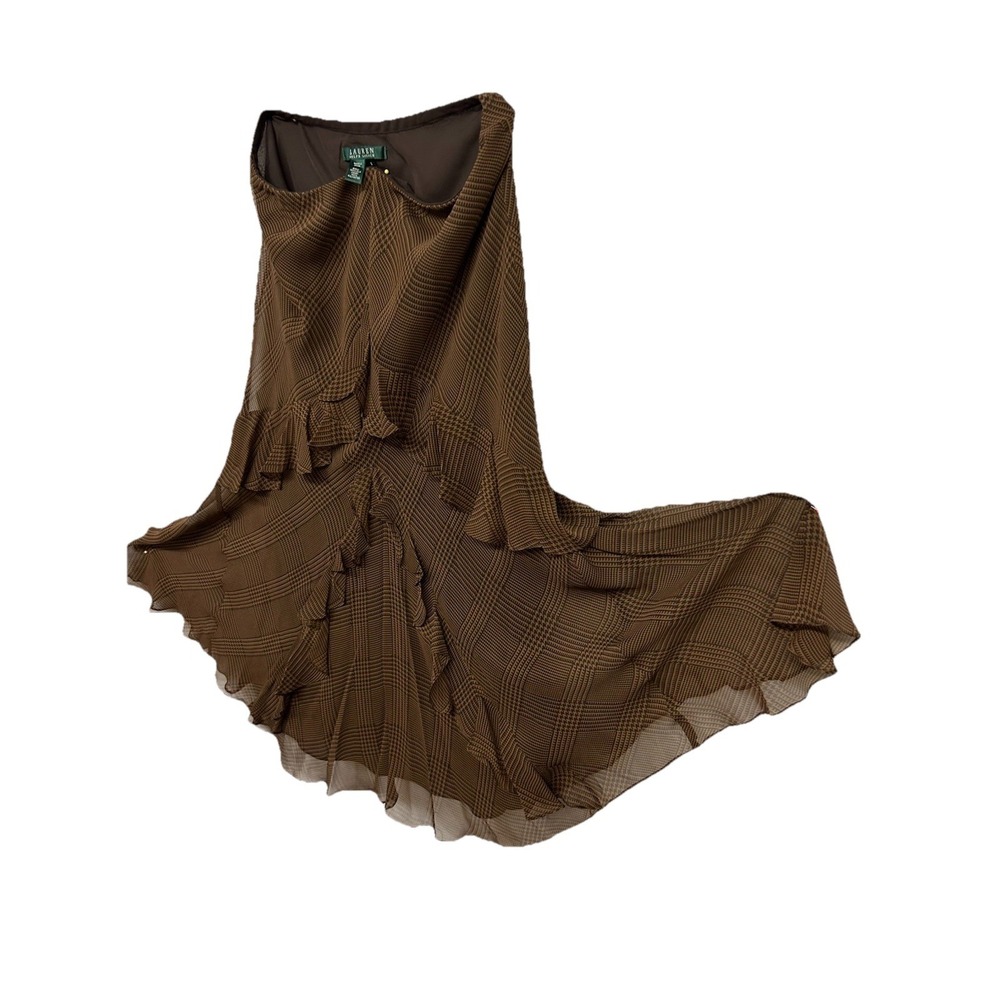 LAUREN RALPH LAUREN Brown Silk Ruffle Skirt Plaid Midi Size Small NWOT Y2K - Picture 7 of 7
